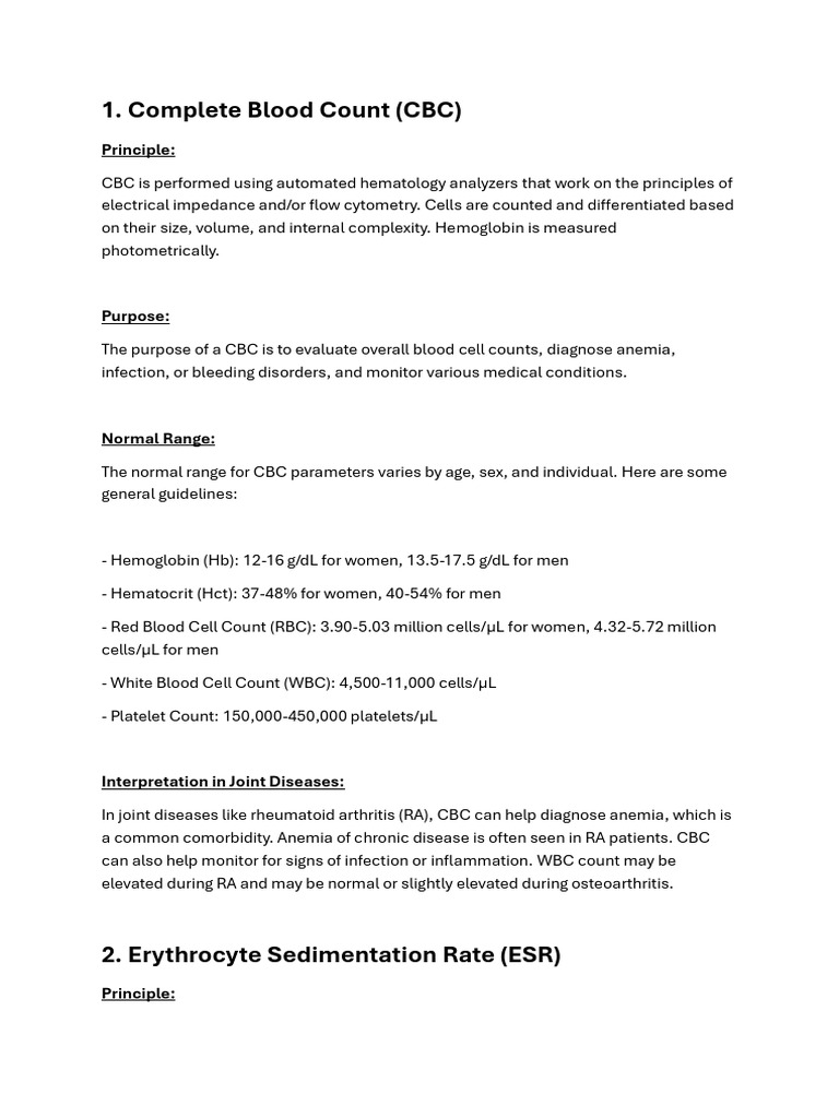 CBC, Esr, CK, CRP | PDF | C Reactive Protein | Blood Cell