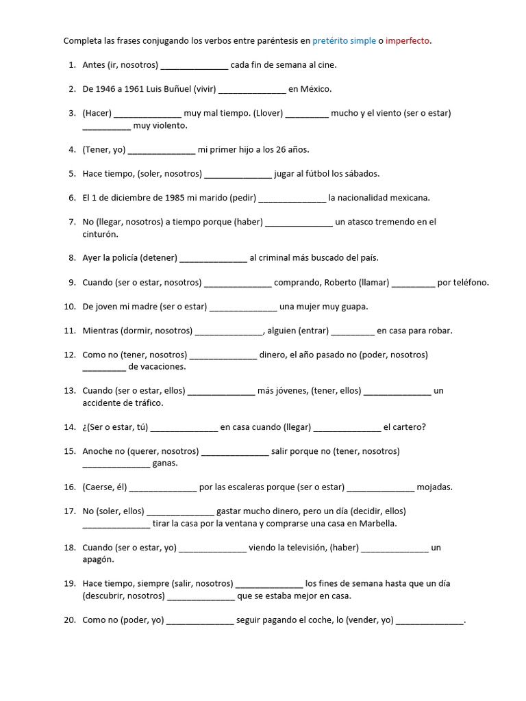 Ejercicios de conjugación en español | PDF