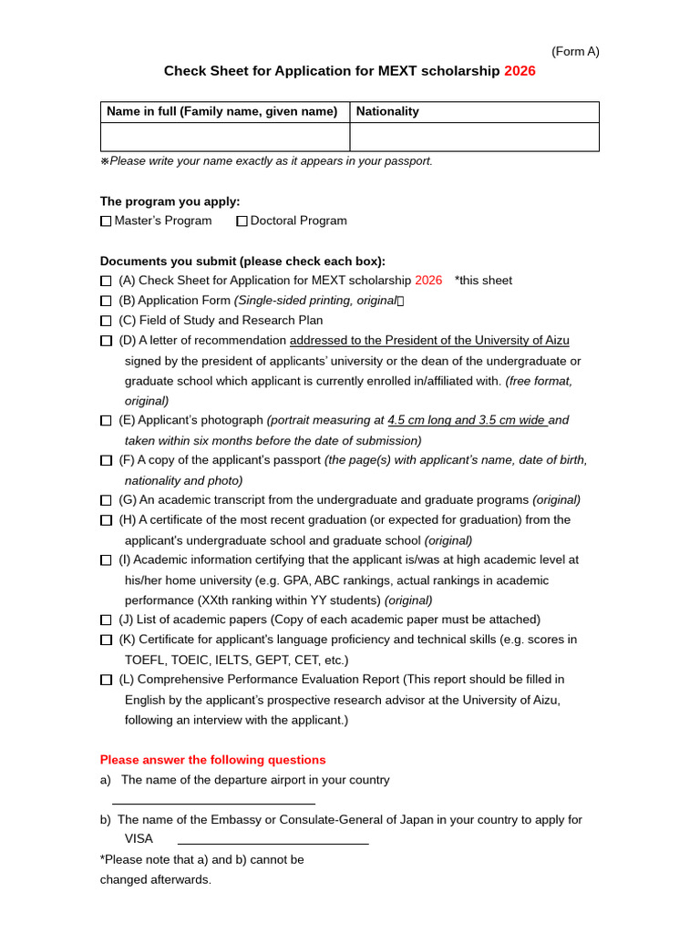 MEXT Scholarship 2026 Application Checklist | PDF
