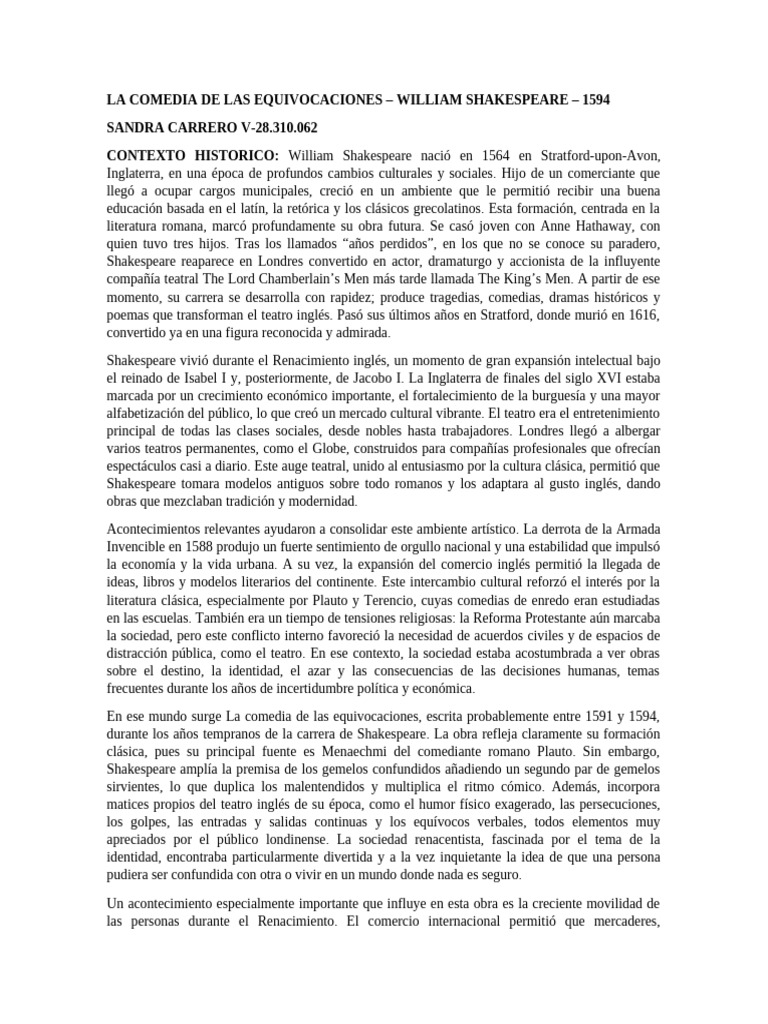 La Comedia de las Equivocaciones: Análisis | PDF | William Shakespeare ...