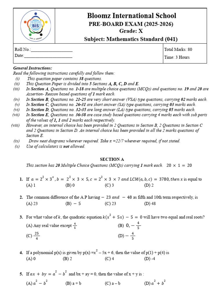 Grade X Mathematics Pre-Board Exam Paper | PDF | Circle | Sphere