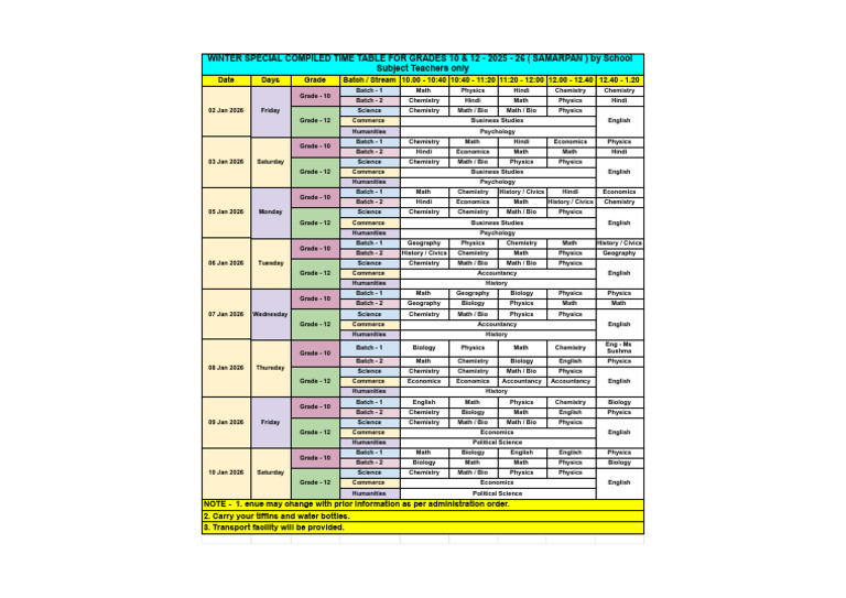 2025-26 Winter Timetable for Grades 10 & 12 | PDF