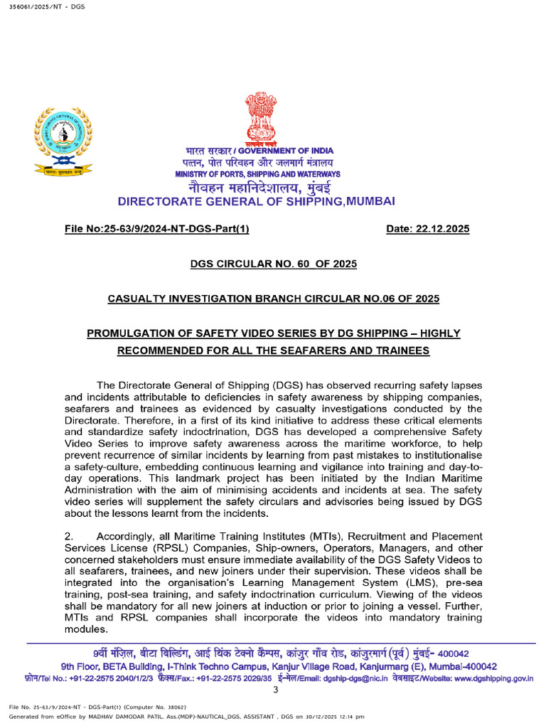 DGS Circular No.60 of 2025 - Promulgation of Safety Video Series by DG ...