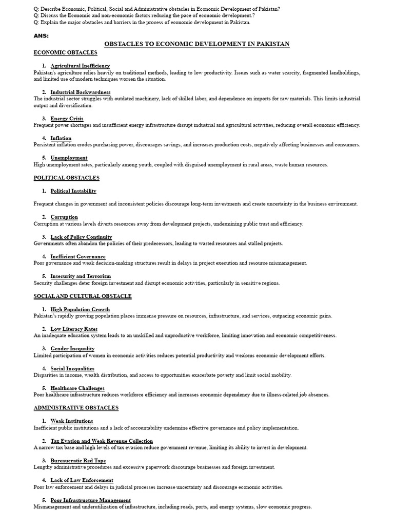 Obstacles to Economic Development in Pakistan | PDF | Economics ...