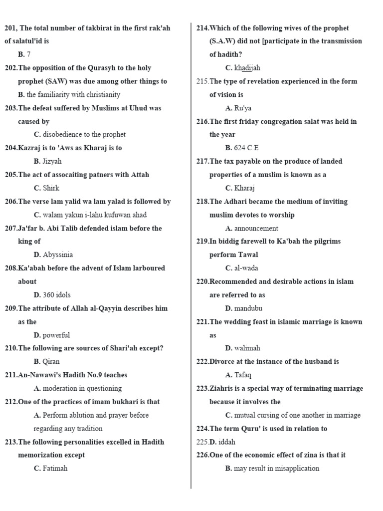 201-250 Past Question Islamic Studies | PDF | Muhammad | Quran