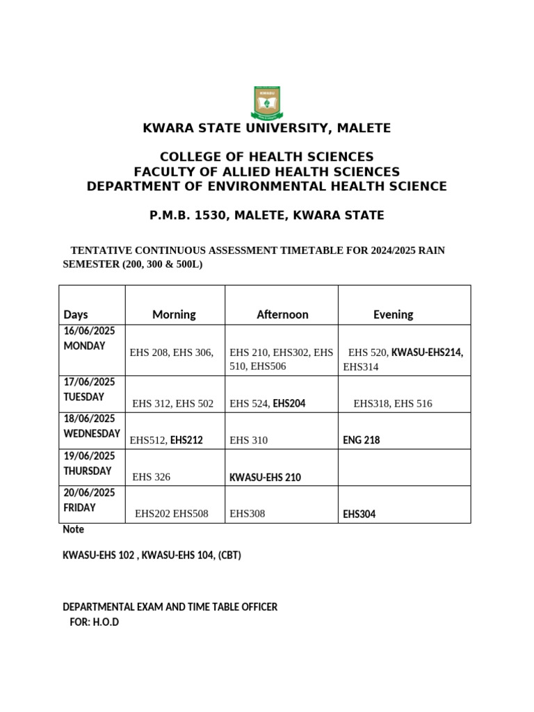 Ehs Rain CA Timetable 20242025 | PDF