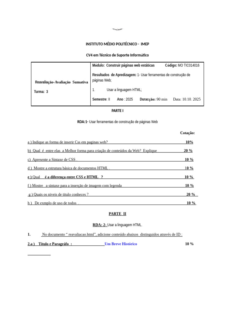 Avaliação de HTML e CSS no IMEP | PDF | Html | Engenharia de Software