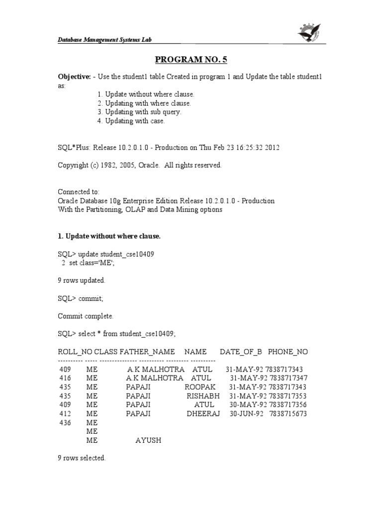 Dbms Program 5 Mdu | PDF