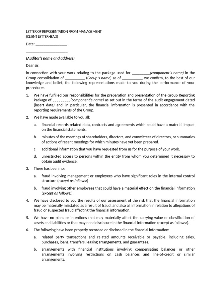 Management Representation Letter Template | PDF | Book Value | Expense