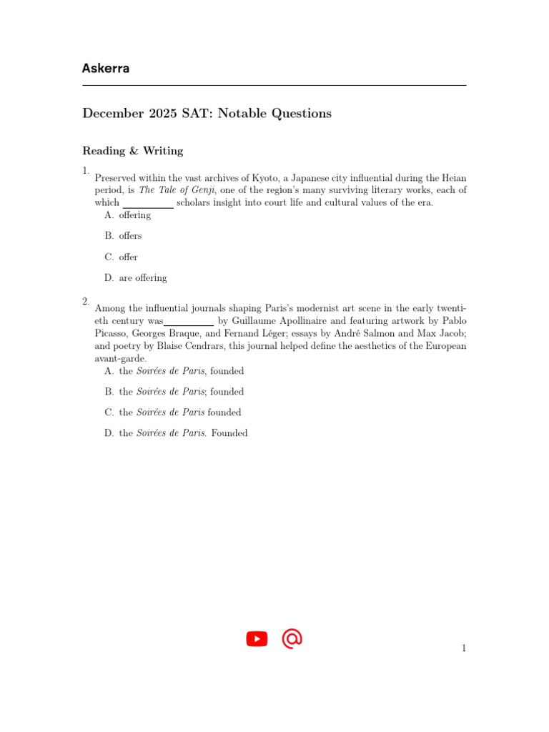 December 2025 SAT Practice Questions | PDF | Memory | Circle