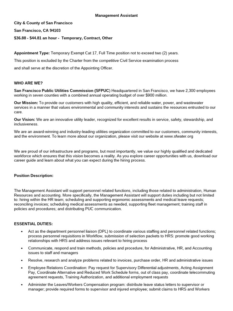 Management Assistant Job at SFPUC | PDF | Employment | Occupational ...
