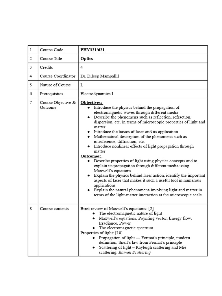 Optics Course Syllabus Overview | PDF | Light | Fundamental Interaction