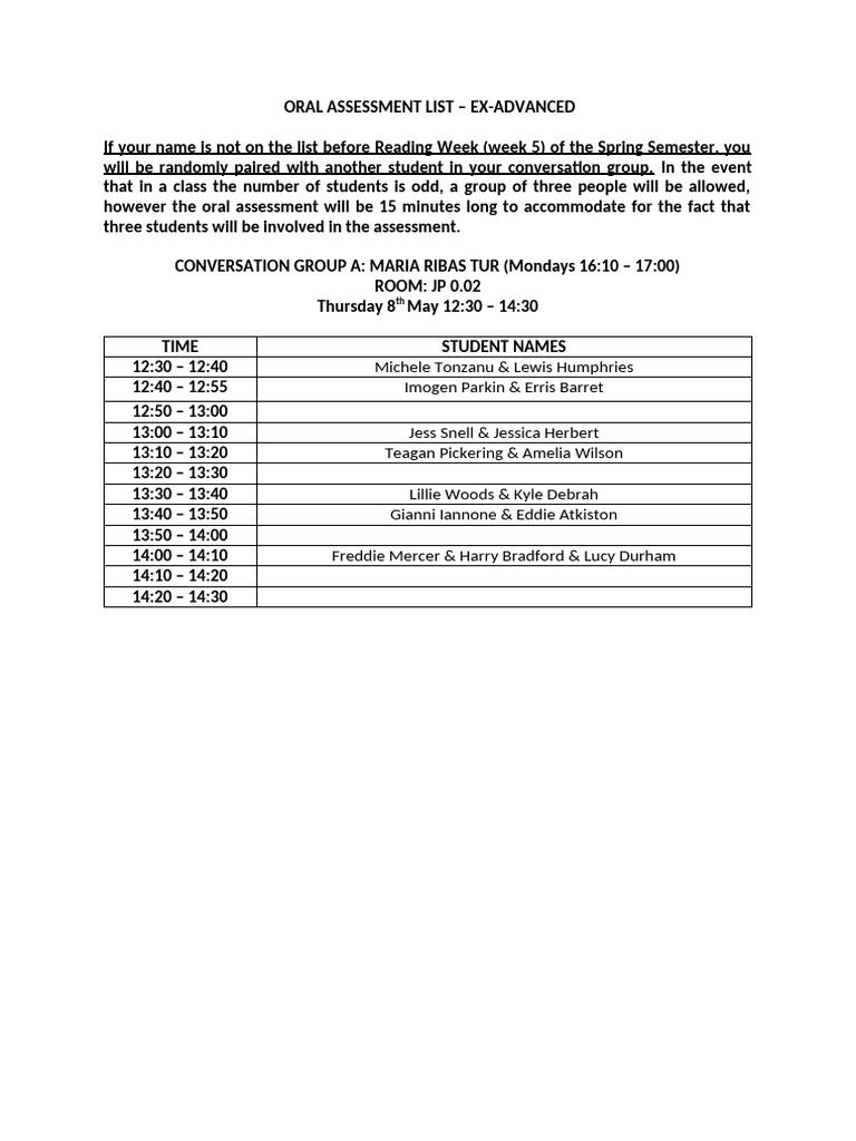 Oral Assessment Schedule Spring 2023 | PDF