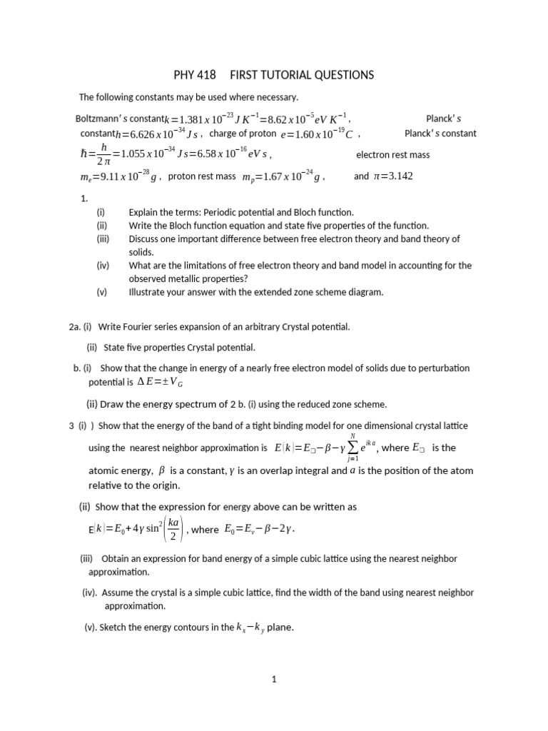 PHY 418 A 1ST Tutorial Questions 3 | PDF | Physics | Applied And ...