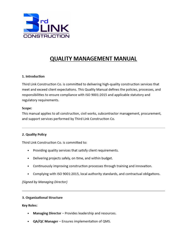 Quality Management Manual for Construction | PDF | Quality Management ...