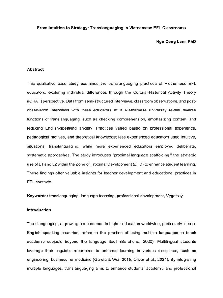 Translanguaging Practices in Vietnamese EFL | PDF | Teachers | Cognition