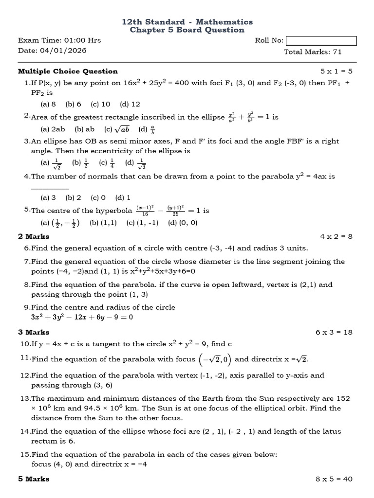 12th Grade Math: Conic Sections Exam Questions | PDF | Ellipse ...