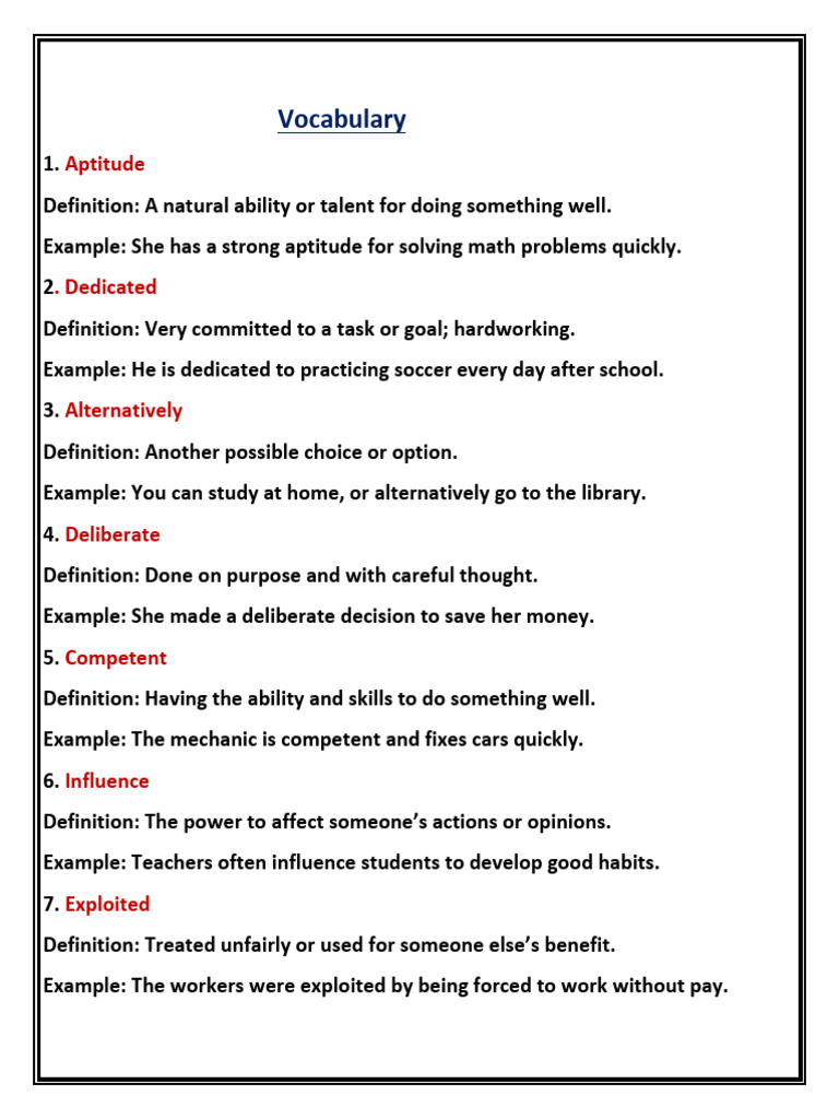 Essential Vocabulary Definitions and Examples | PDF | Psychological ...