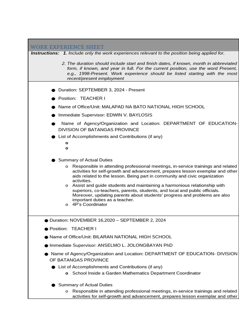 F 014 CS Form No. 212 Attachment Work Experience Sheet KPD | PDF | Business