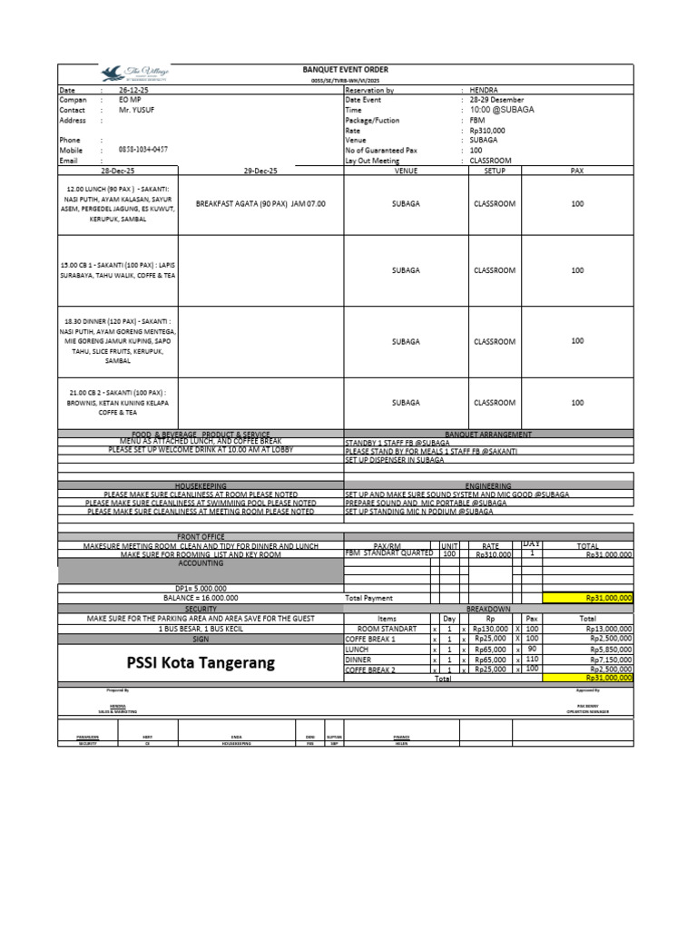 BEO MP EO 28-29 Desember 2025 | PDF | Cooking | Foods