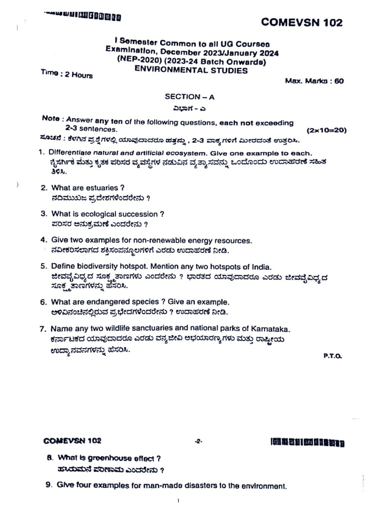 EVS Revised Syllabus Question Paper Previous Sem | PDF