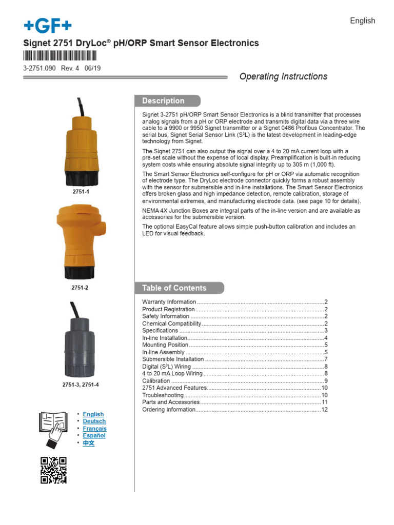 Signet 2751 pH/ORP Smart Sensor Guide | PDF | Ph | Electrical Wiring