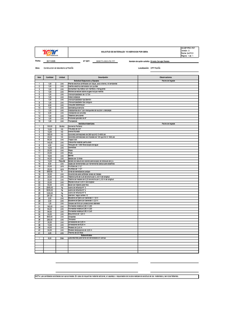 Solicitud de Materiales y Servicios Obra | PDF | Ingeniero civil ...