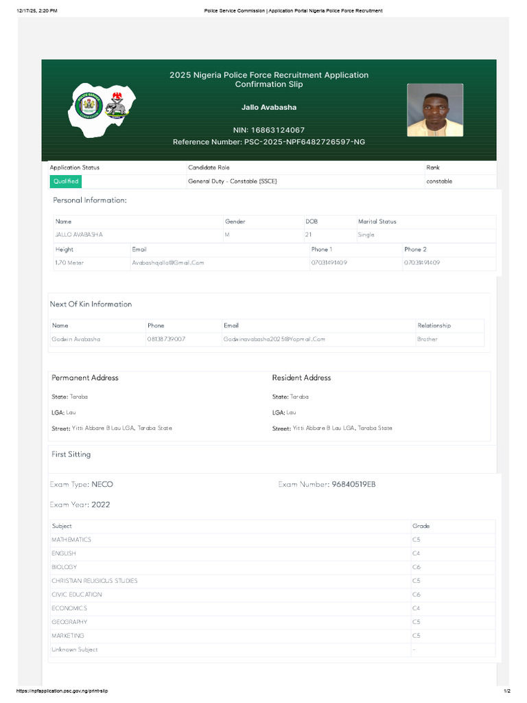 2025 Nigeria Police Recruitment Slip | PDF