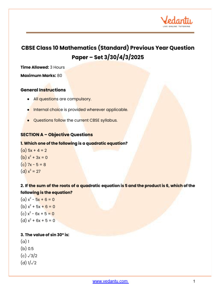 CBSE Class 10 Math Question Paper 2025 | PDF | Area | Triangle