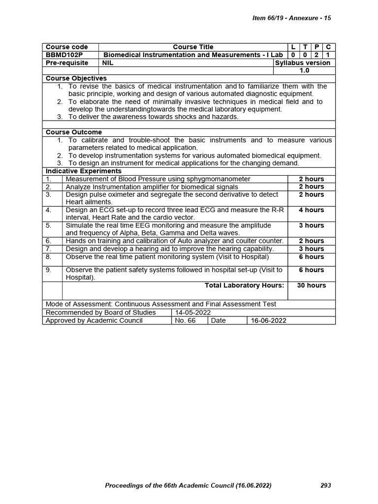 Biomedical Instrumentation Lab Syllabus | PDF