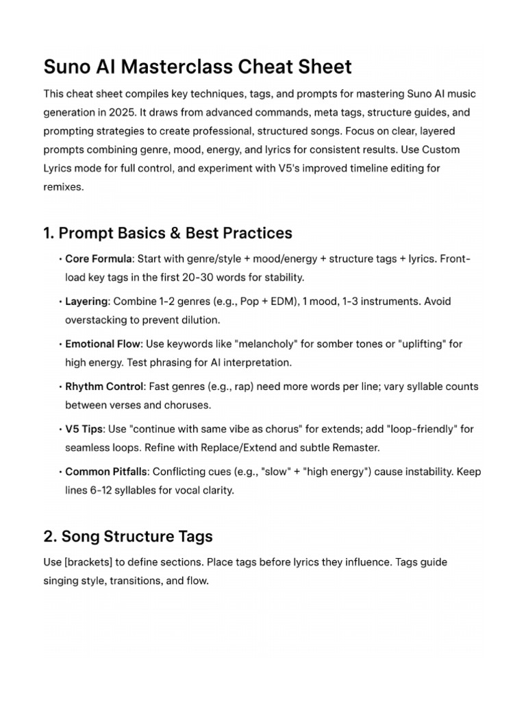 Suno AI Masterclass Cheat Sheet | PDF