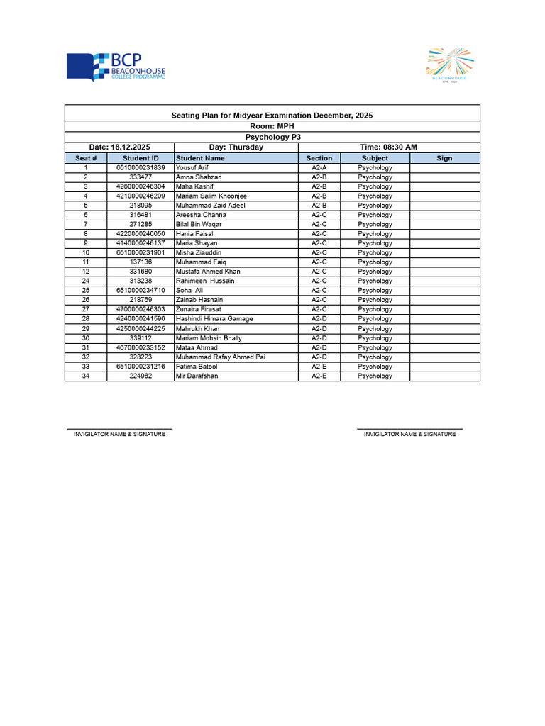 Midyear Exam Seating Plan December 2025 | PDF