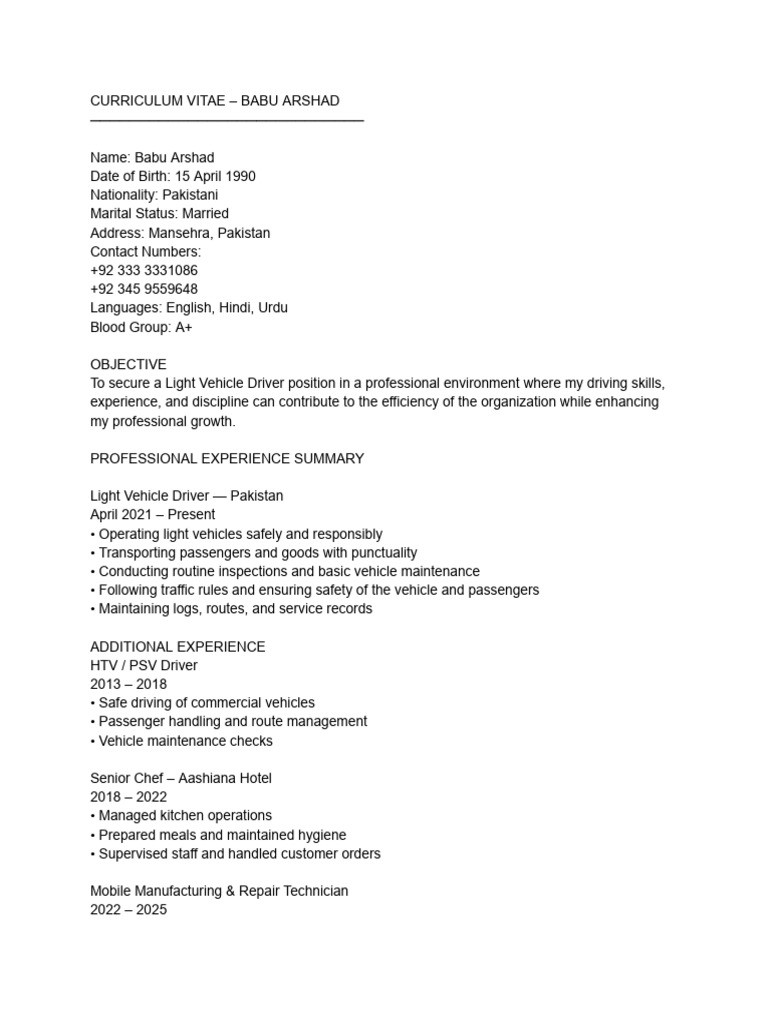 Babu Arshad - Light Vehicle Driver CV | PDF