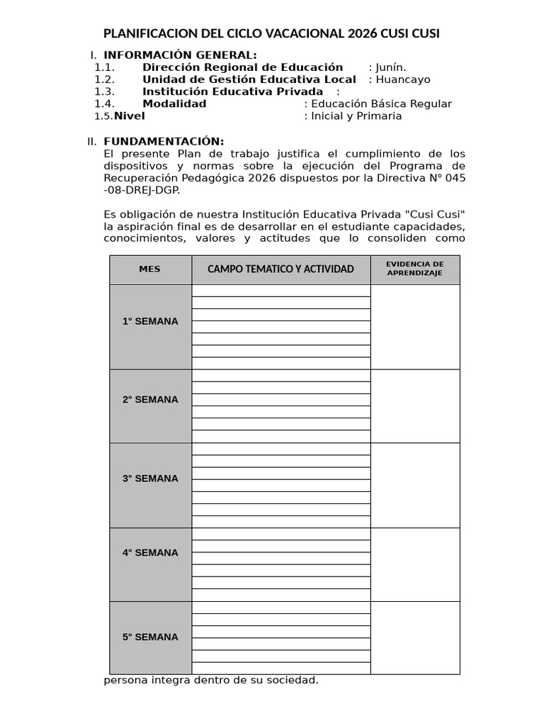 Plan Vacacional 2026 Cusi Cusi | PDF