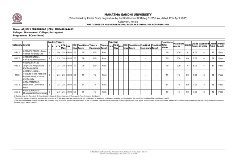 MGU BCom (Hons) Exam Results 2024 | PDF