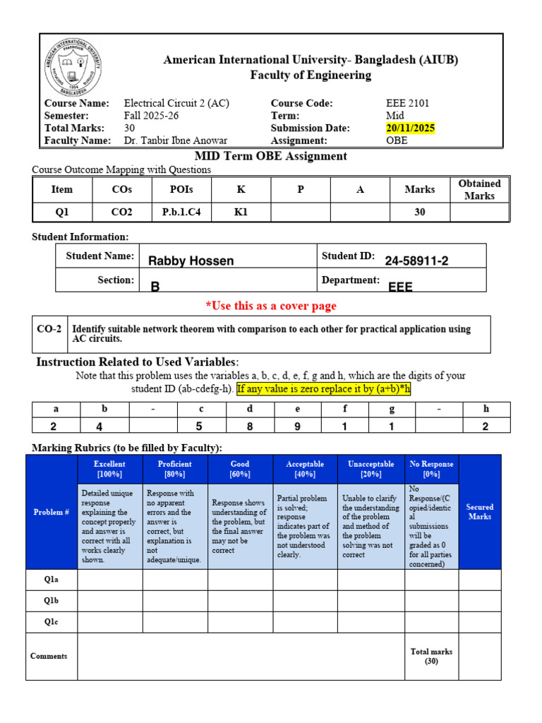 AIUB Electrical Circuit 2 Midterm Assignment | PDF | Computer ...