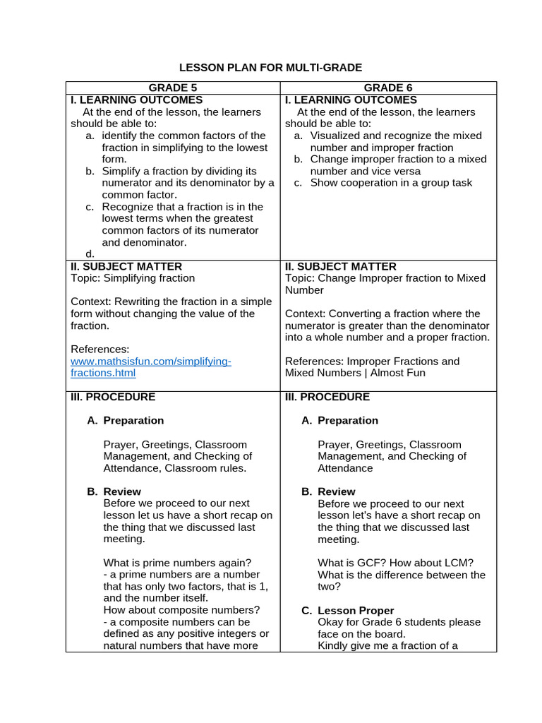 Multi-Grade Lesson Plan: Fractions | PDF | Numbers | Elementary Mathematics