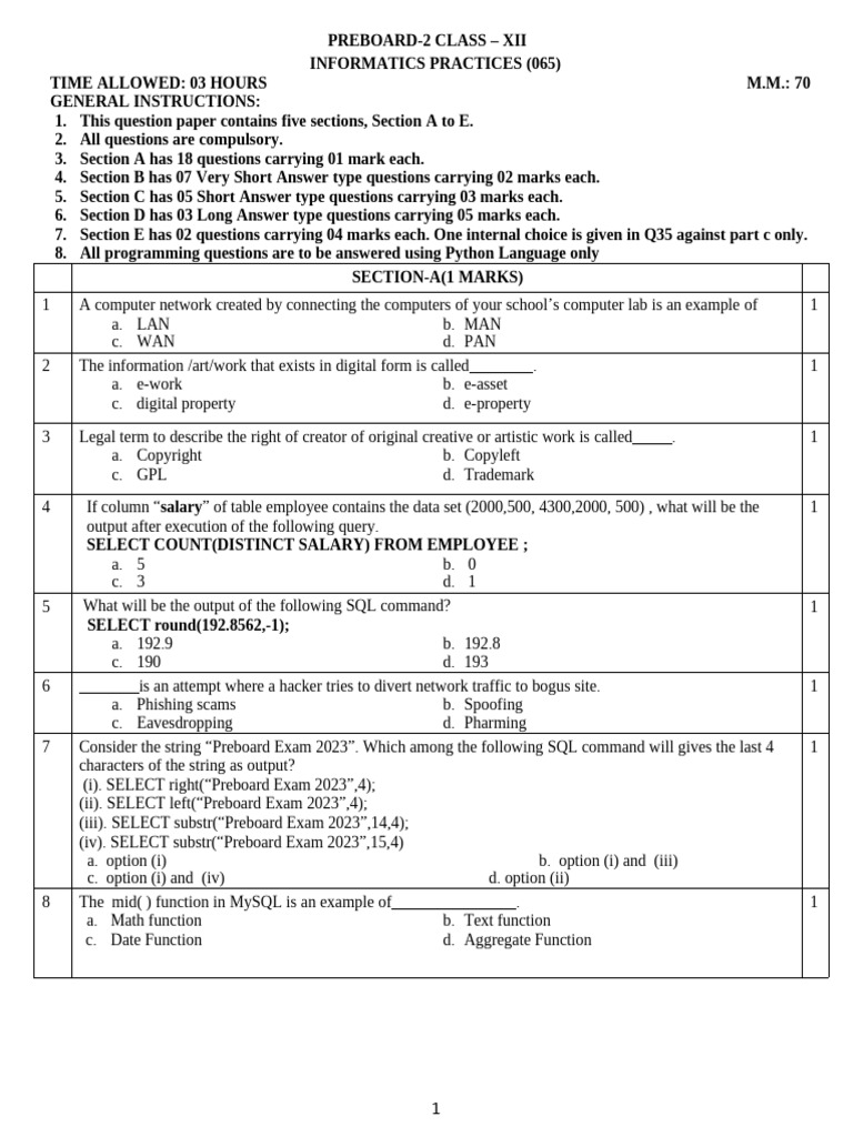 Class XII Informatics Practices Exam Paper | PDF | Computing