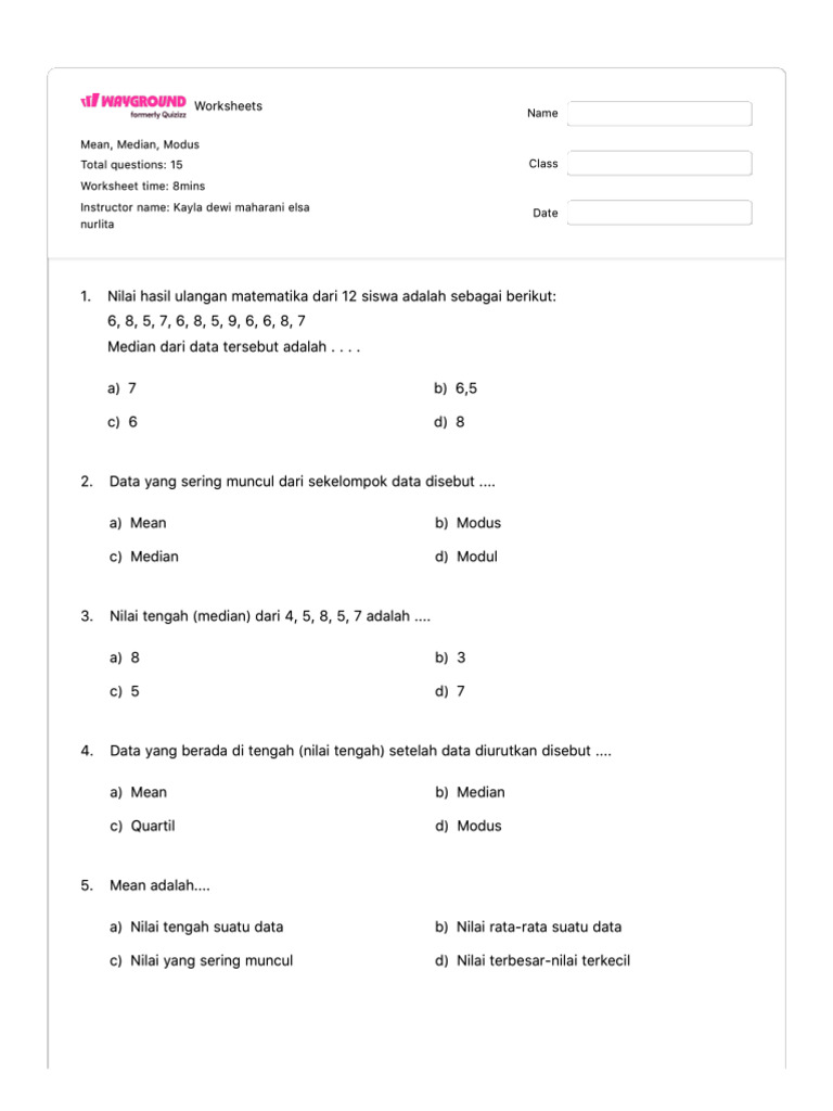 Worksheet Mean, Median, Modus Matematika | PDF
