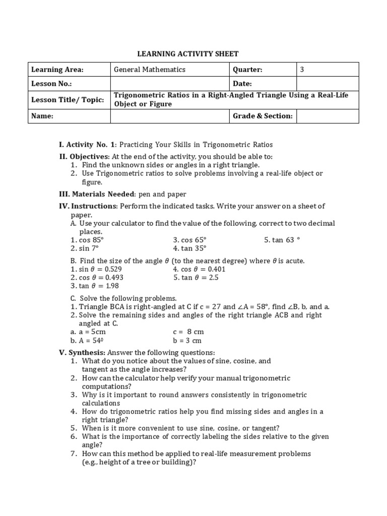 Trigonometric Ratios Practice Sheet | PDF | Trigonometric Functions ...