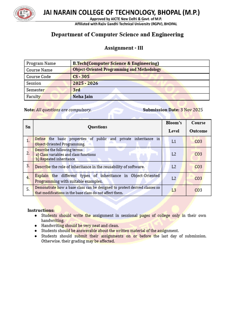 OOP Assignment for B.Tech CS Students | PDF
