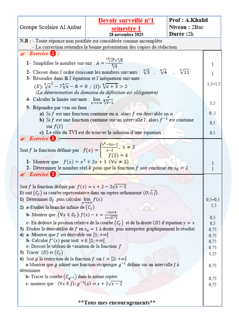Devoir de mathématiques 2Bac - S1 | PDF | Fonction (Mathématiques ...