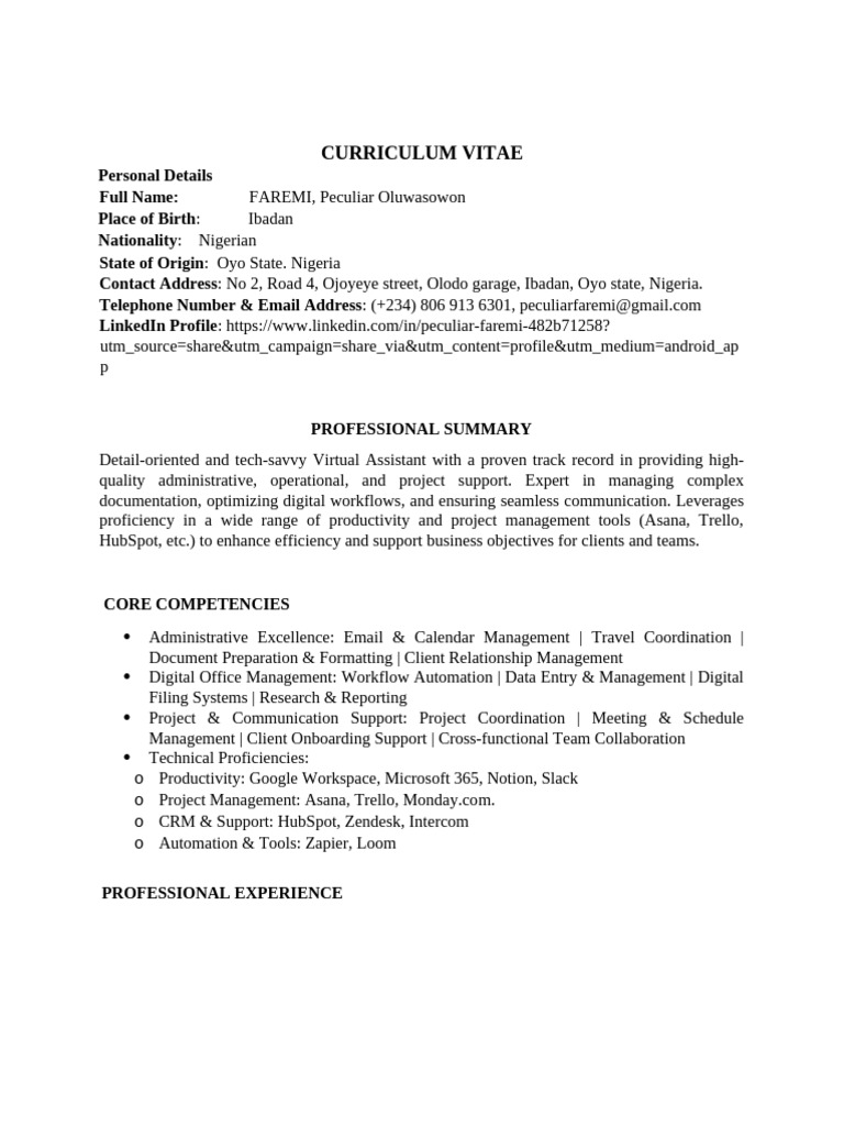 Virtual Assistant CV - Peculiar Faremi | PDF | Computing | Information ...