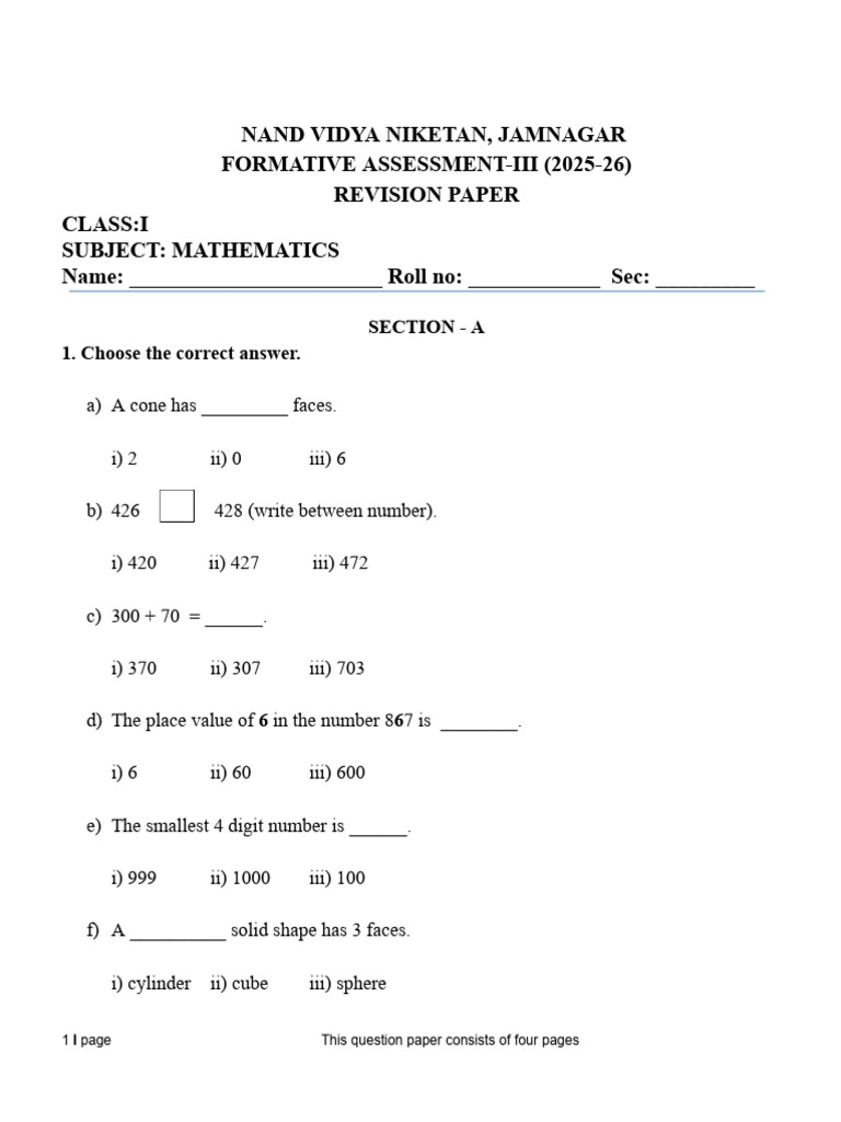 r1 - Math Revision Paper for Fa3_cl1_2025-26 | PDF | Geometric Objects ...
