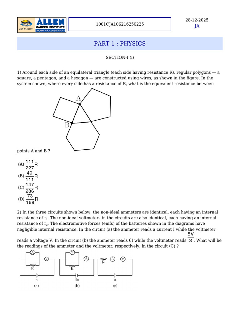Physics Circuit Problems for IIT JEE | PDF | Euclidean Geometry ...
