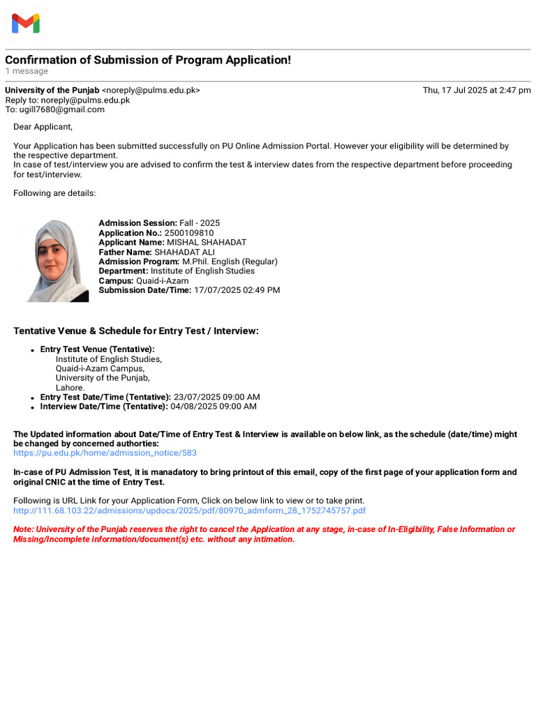 PU M.Phil. English Application Confirmation | PDF