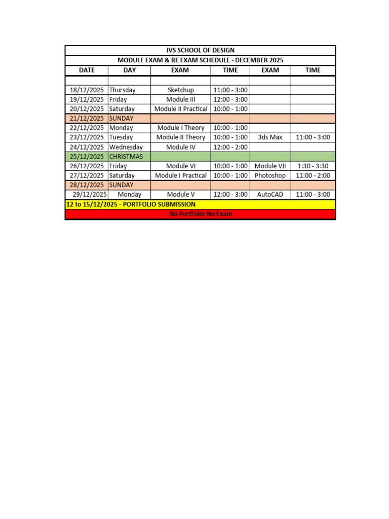 December 2025 Exam Schedule IVS Design | PDF