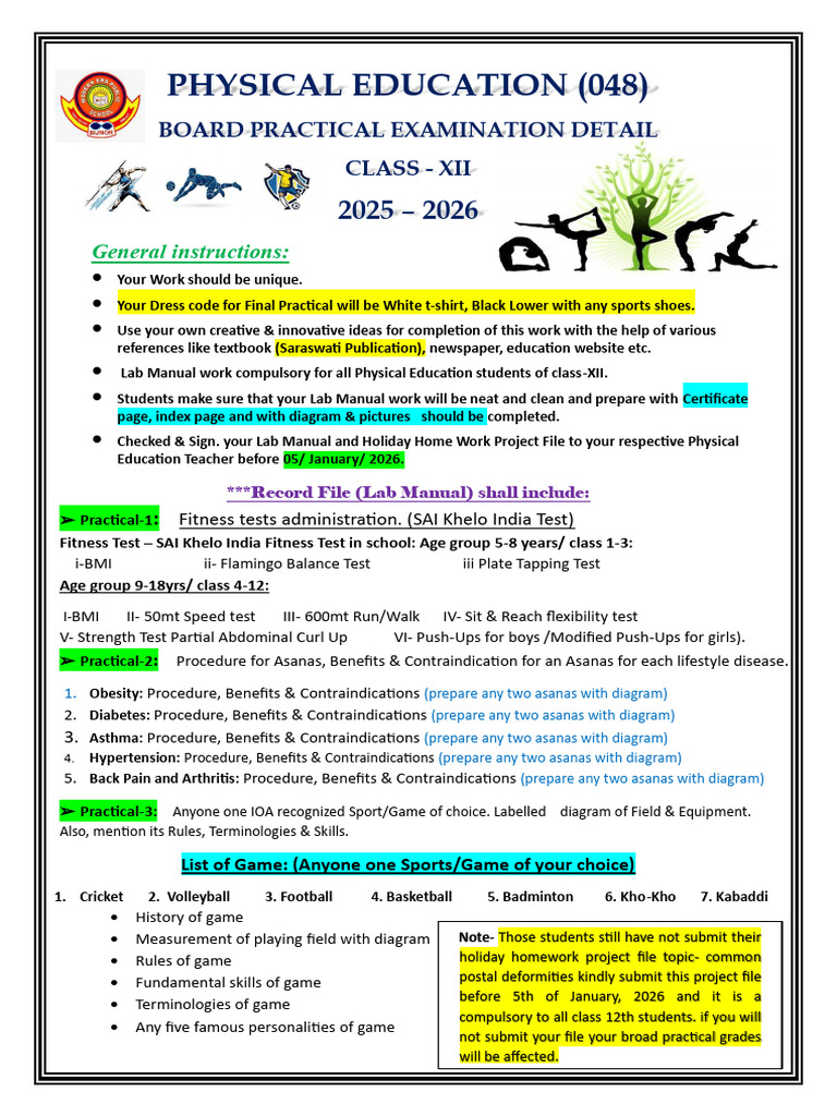 Class XII Physical Education Exam Guide | PDF | Asana | Diseases And ...