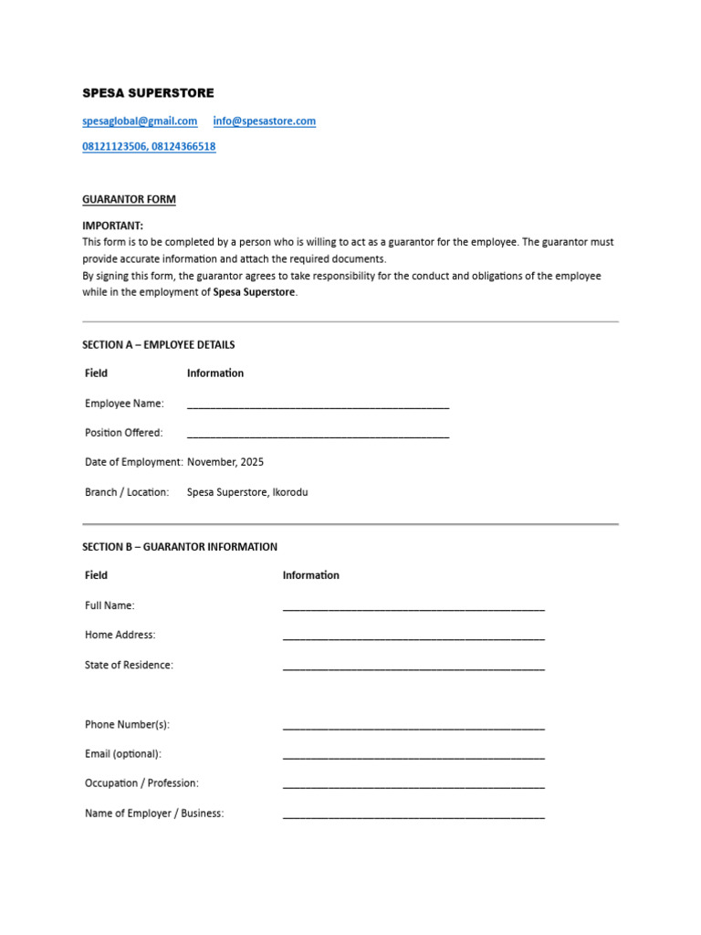 Spesa Guarantor Form(2) | PDF | Identity Document | Access Control