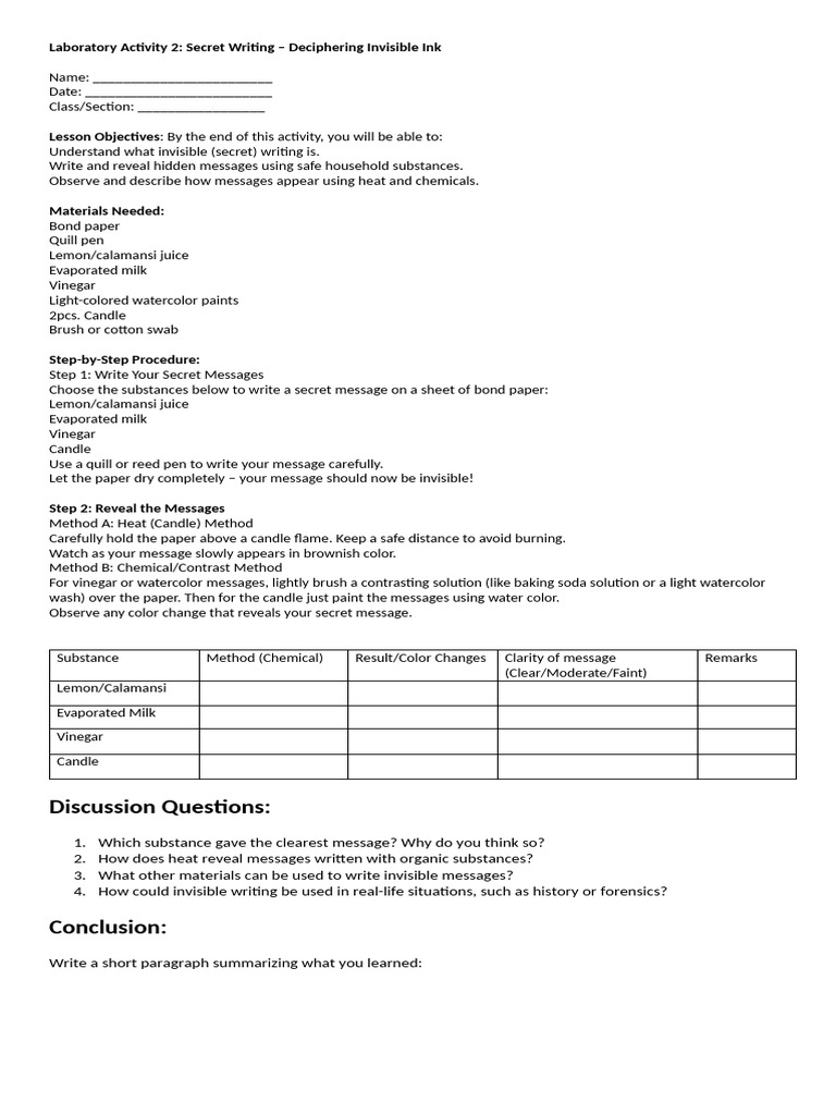 Invisible Ink Experiment Guide | PDF